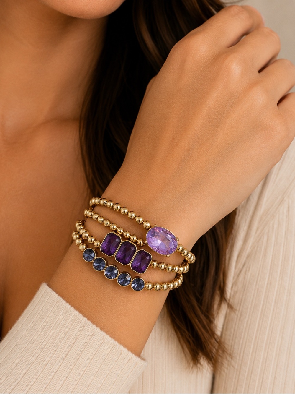 Laundry by Shelli Segal Purple Crystal Stretch Bracelet Set (1111-4)